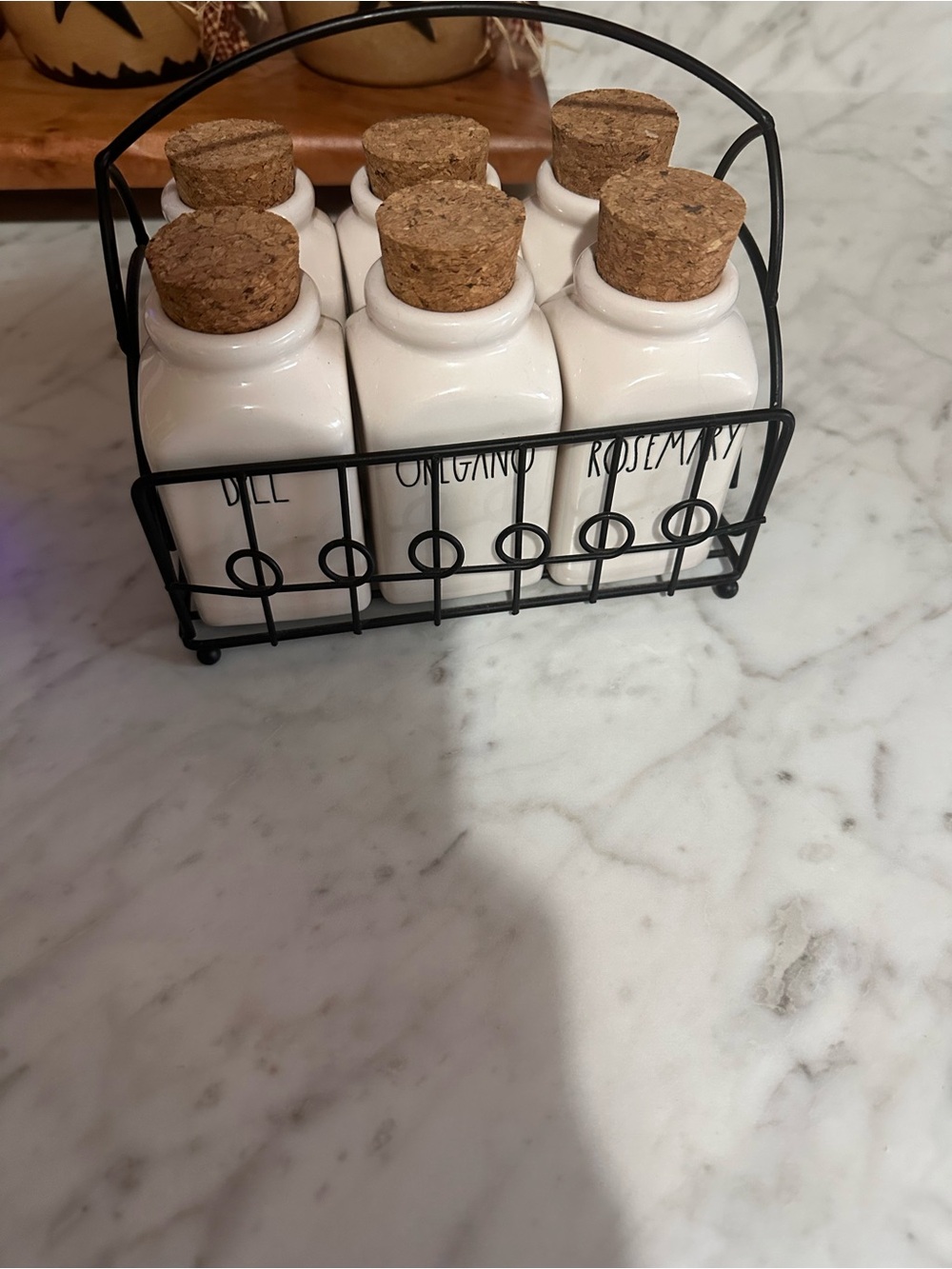 Rae Dunn White Ceramic Spice Jar Set with Cork Lids and Black Wire Rack